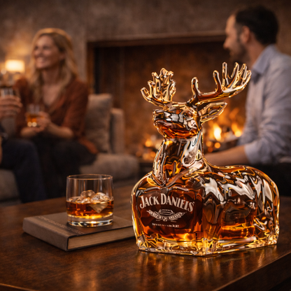 Carafe à whisky cerf doré Jack Daniel’s, sur une table avec un verre à whisky à côté.