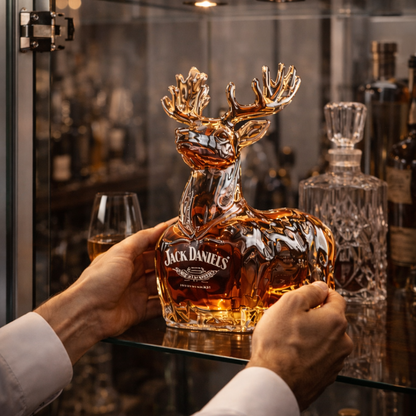 Carafe à whisky cerf doré Jack Daniel’s, prise par deux mains derrière une vitrine.