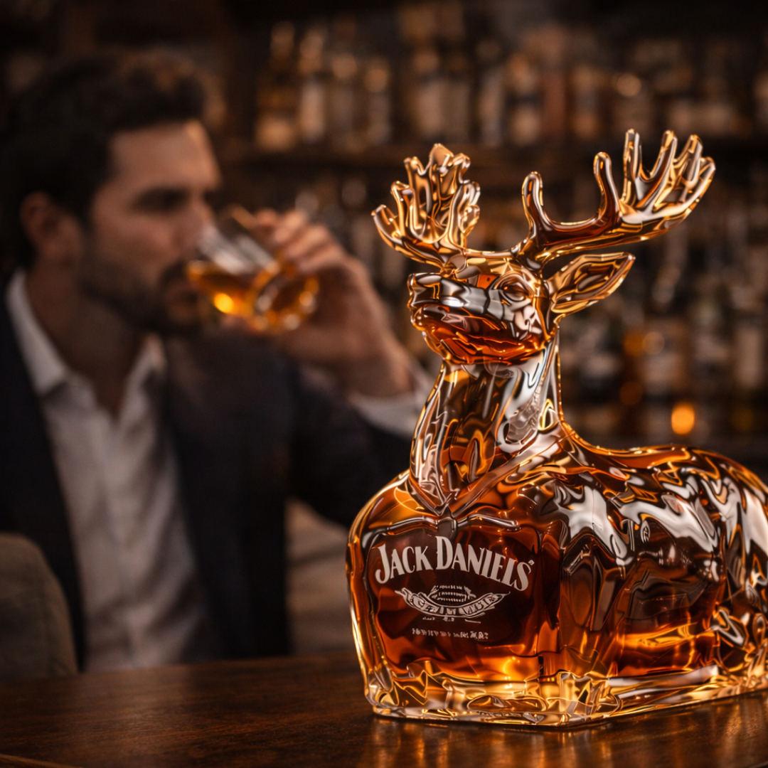 Carafe à whisky cerf doré Jack Daniel’s, vue rapprochée sur le comptoir.