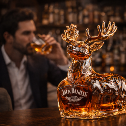 Carafe à whisky cerf doré Jack Daniel’s, vue rapprochée sur le comptoir.