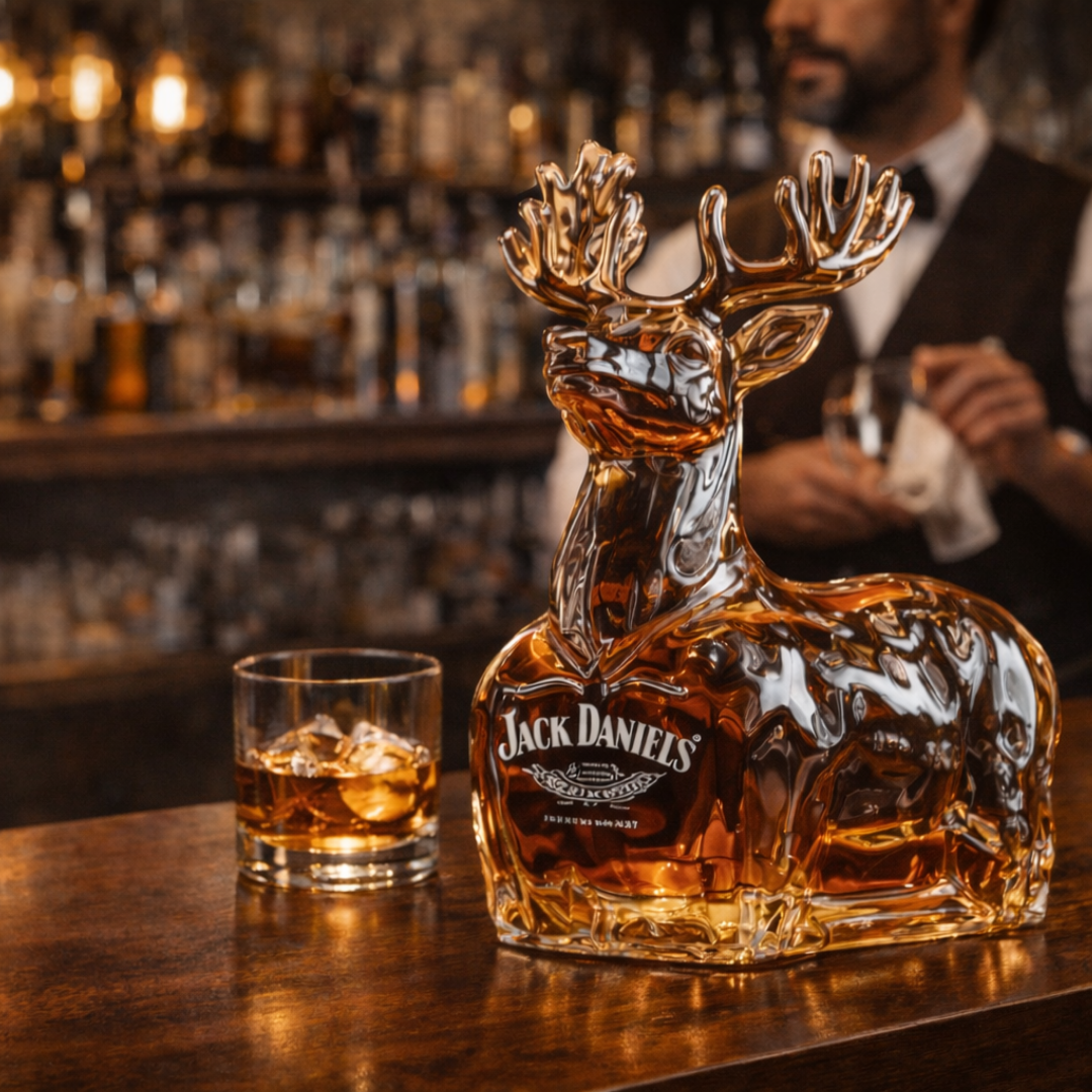 Carafe à whisky cerf doré Jack Daniel’s, verre à whisky visible à gauche.