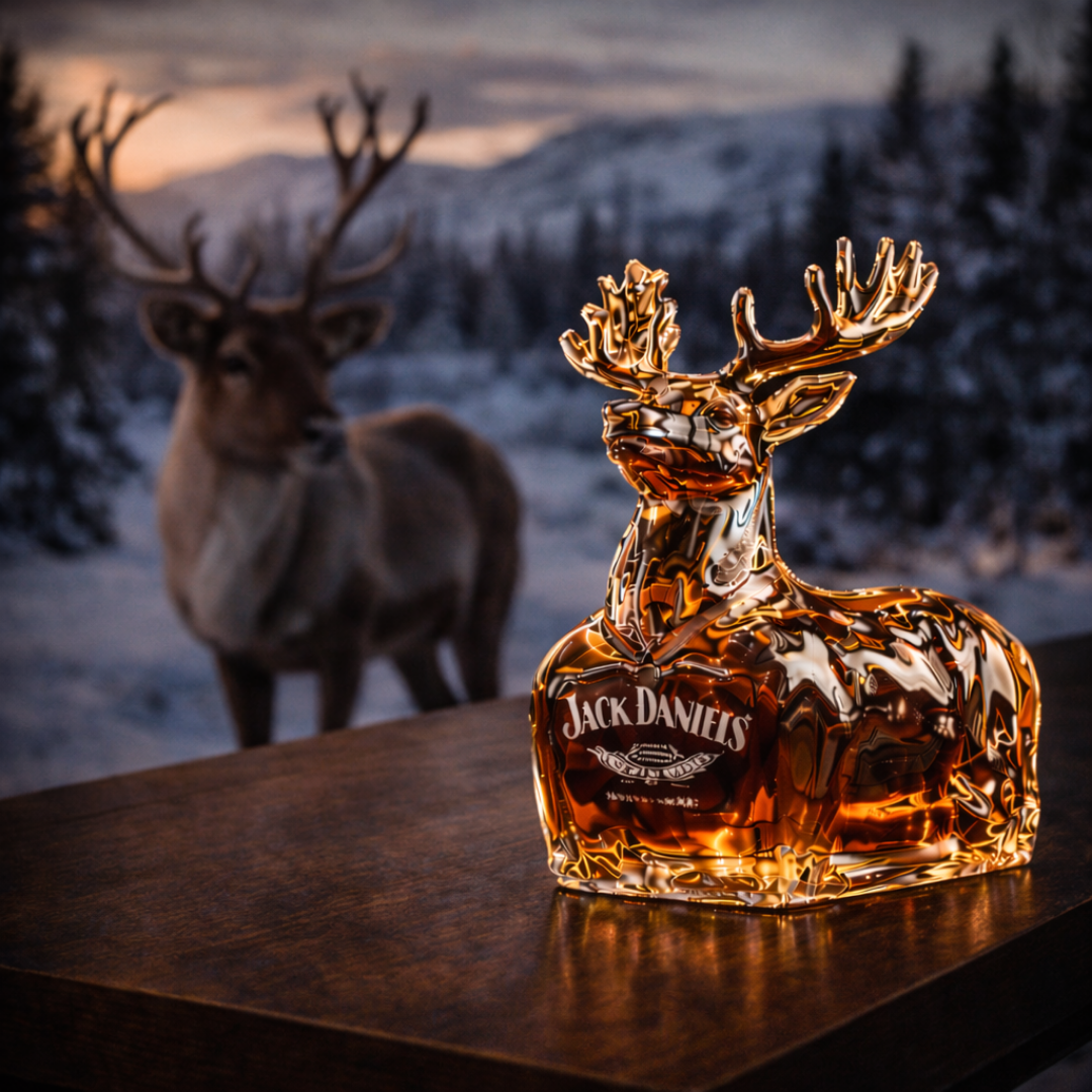 Carafe à whisky cerf doré Jack Daniel’s, vue sur fond d’empreintes et paysage hivernal.