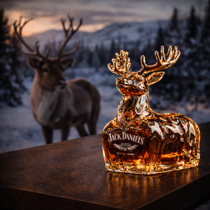 Carafe à whisky cerf doré Jack Daniel’s, vue sur fond d’empreintes et paysage hivernal.