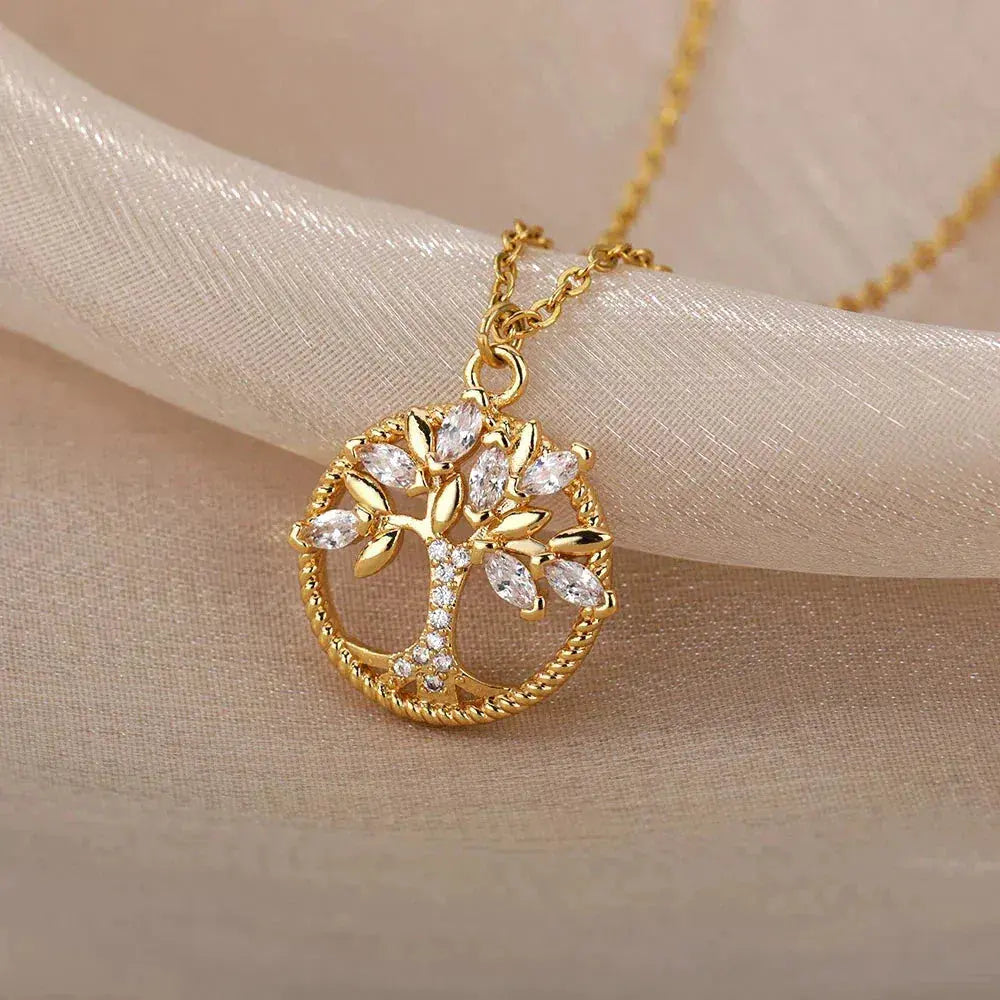 Collier arbre de vie doré avec pendentif serti de zirconia, chaîne à maillons fins
