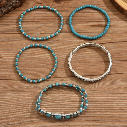 Ensemble de bracelets perles turquoise tressées et bracelet manchette argenté