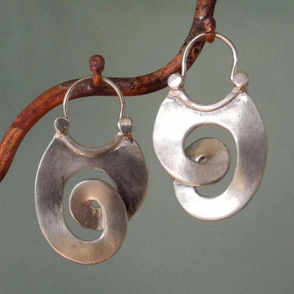 Boucles d’oreilles argentées rétro asymétriques à spirale, anneau et petites billes