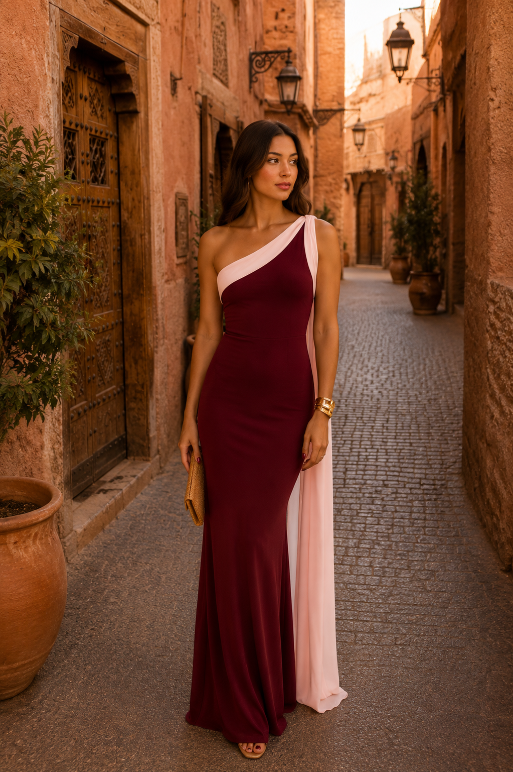 Robe longue bordeaux à une bretelle, décolleté asymétrique et voile blanc drapé