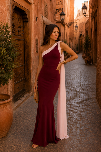 Robe longue bordeaux à une bretelle, voile blanc sur l’épaule, ourlet évasé