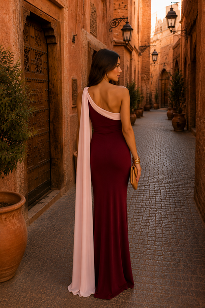 Robe longue bordeaux dos nu, voile blanc drapé sur l’épaule