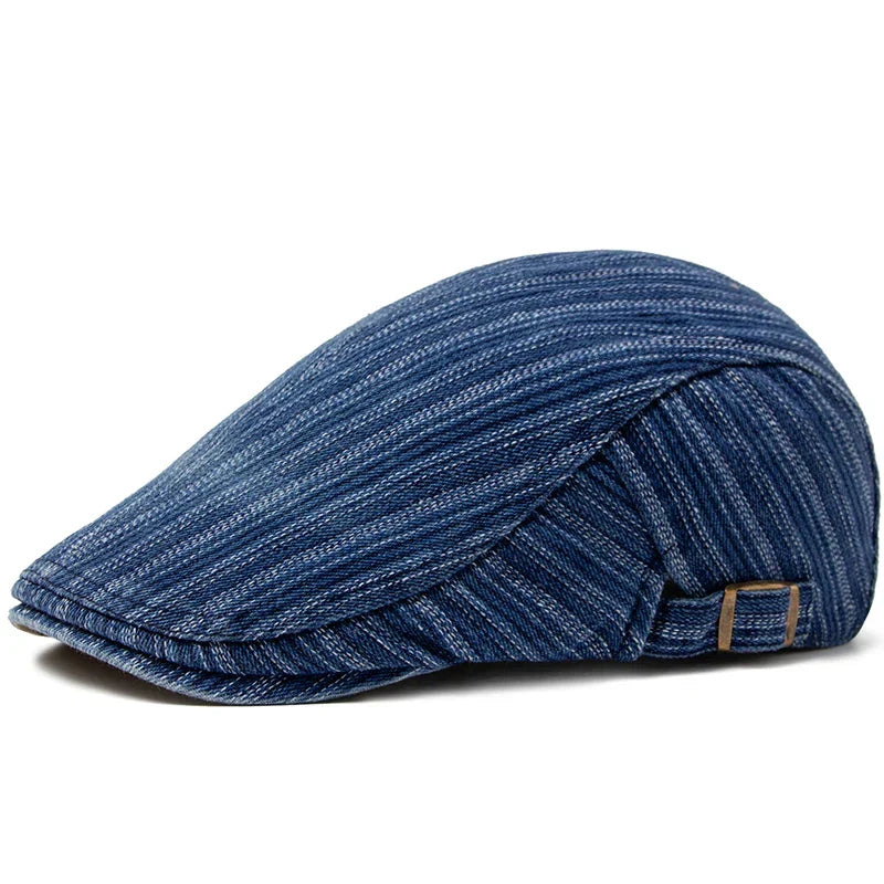 Casquette homme en denim bleu foncé, tresse croisée et boucle décorative