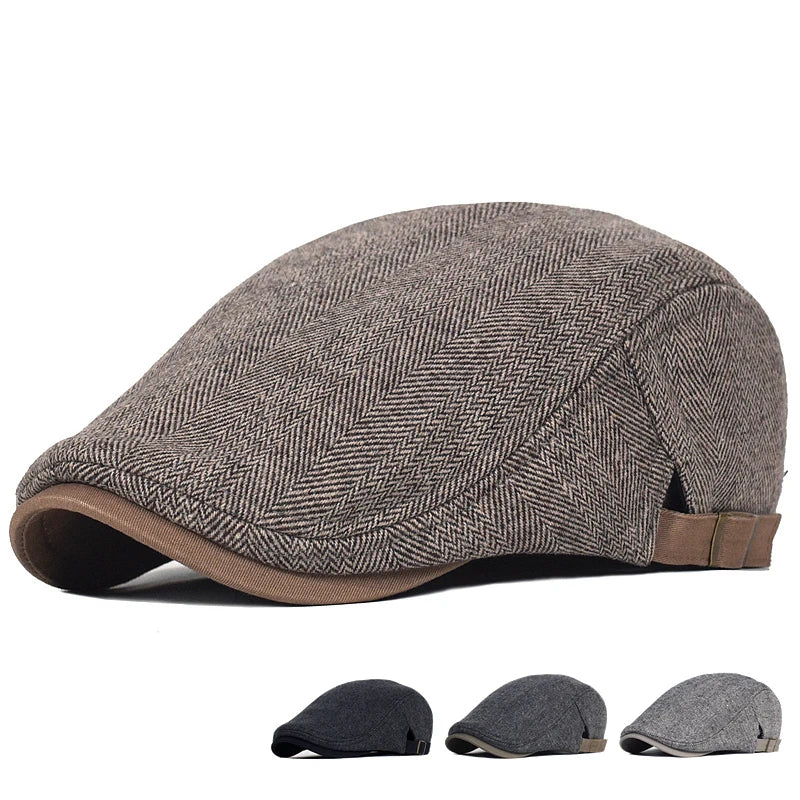 Casquettes homme motif chevrons : gris clair, gris foncé et noir, avec sangle marron