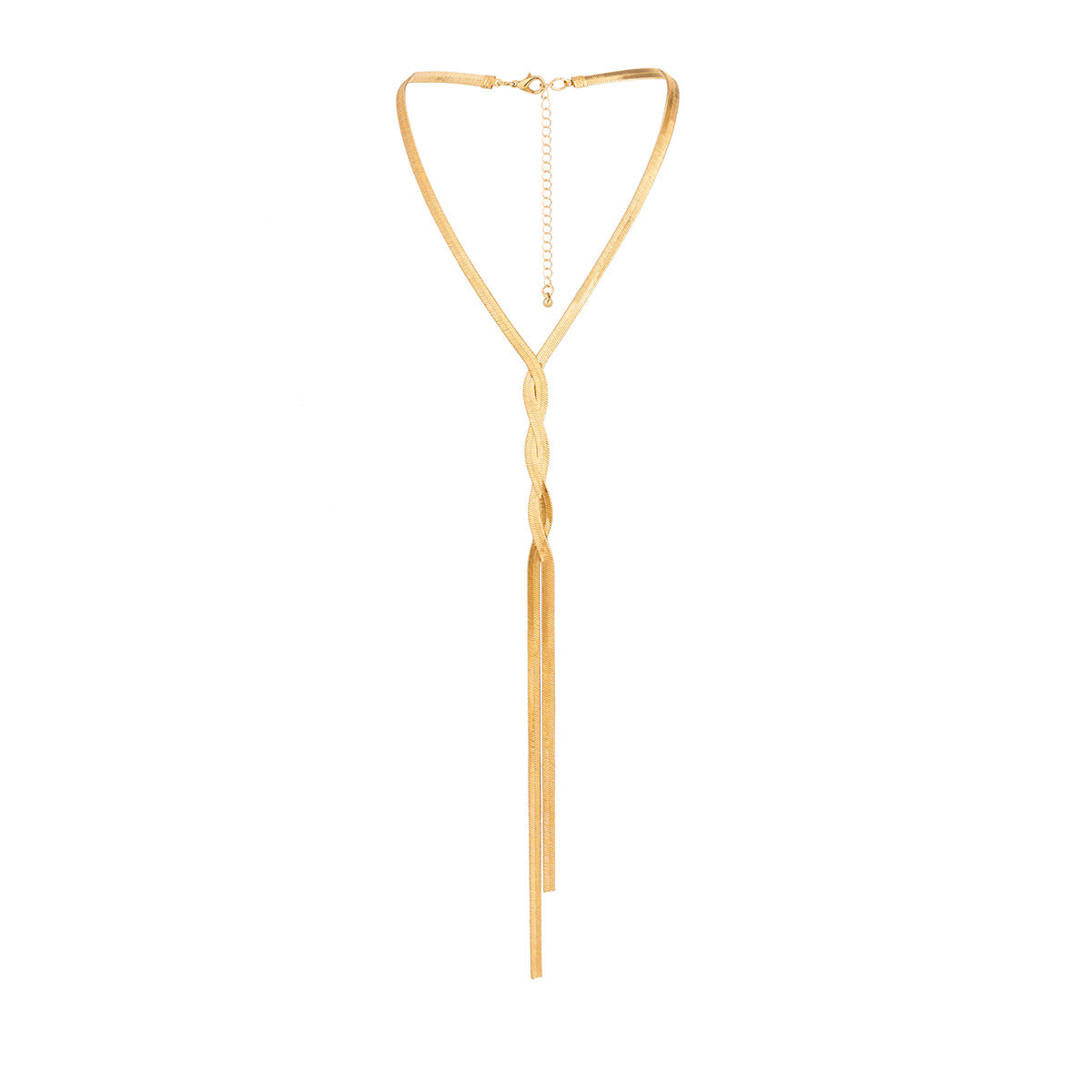 Collier chaîne torsadée dorée, pendentif long droit et chaînette au col
