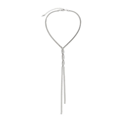 Collier chaîne torsadée argentée, pendentif long et chaînette au col