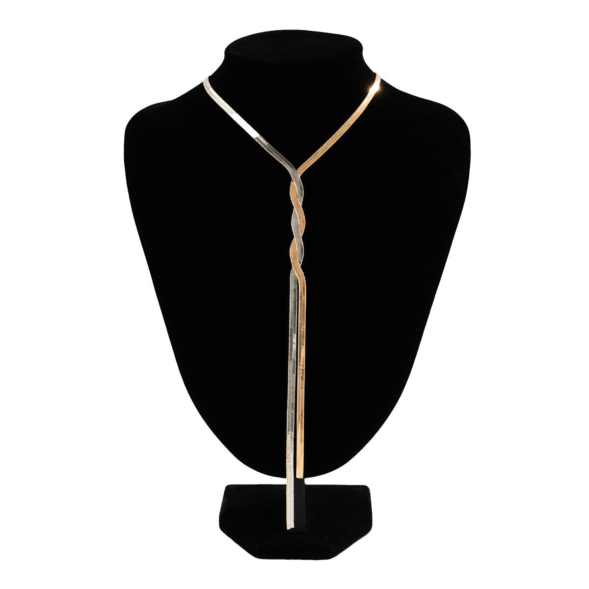 Collier chaîne torsadée longue, finition bicolore, pendentif vertical