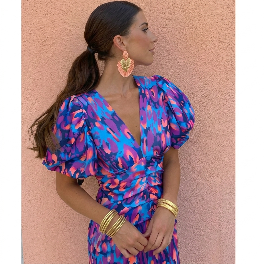 Robe à manches plissées imprimée, vue profil, décolleté en V et manches bouffantes.