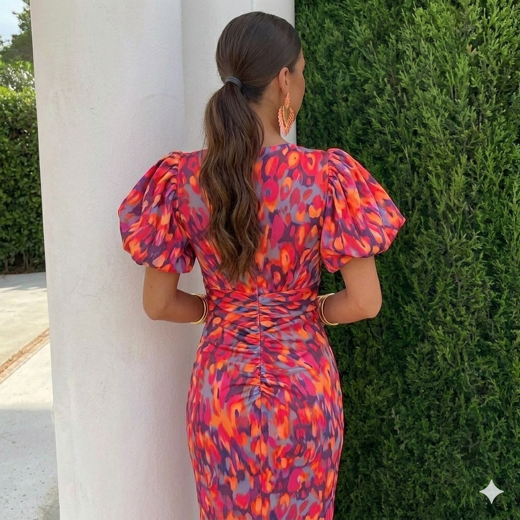 Robe à manches plissées imprimée, vue dos, manches bouffantes et silhouette cintrée.