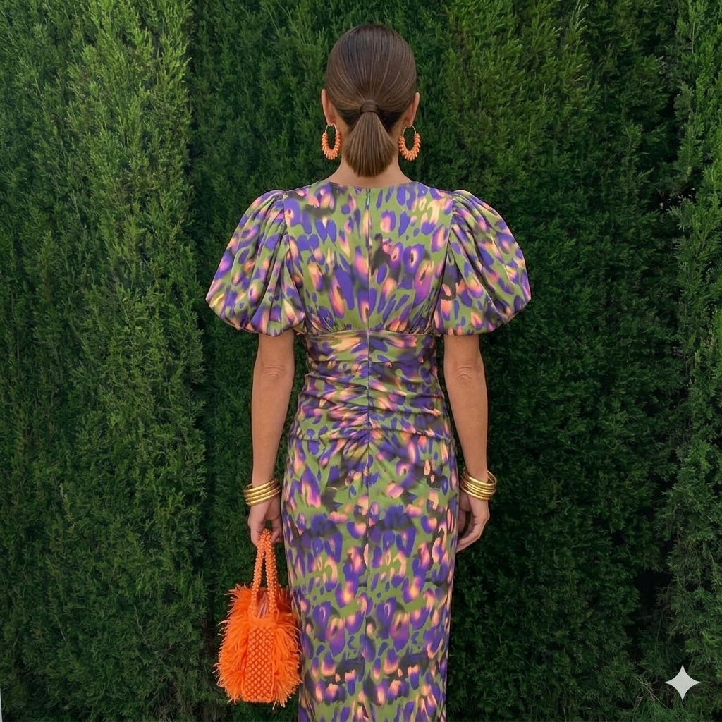 Robe à manches plissées imprimée, vue dos, manches volumineuses et nœuds à la taille.