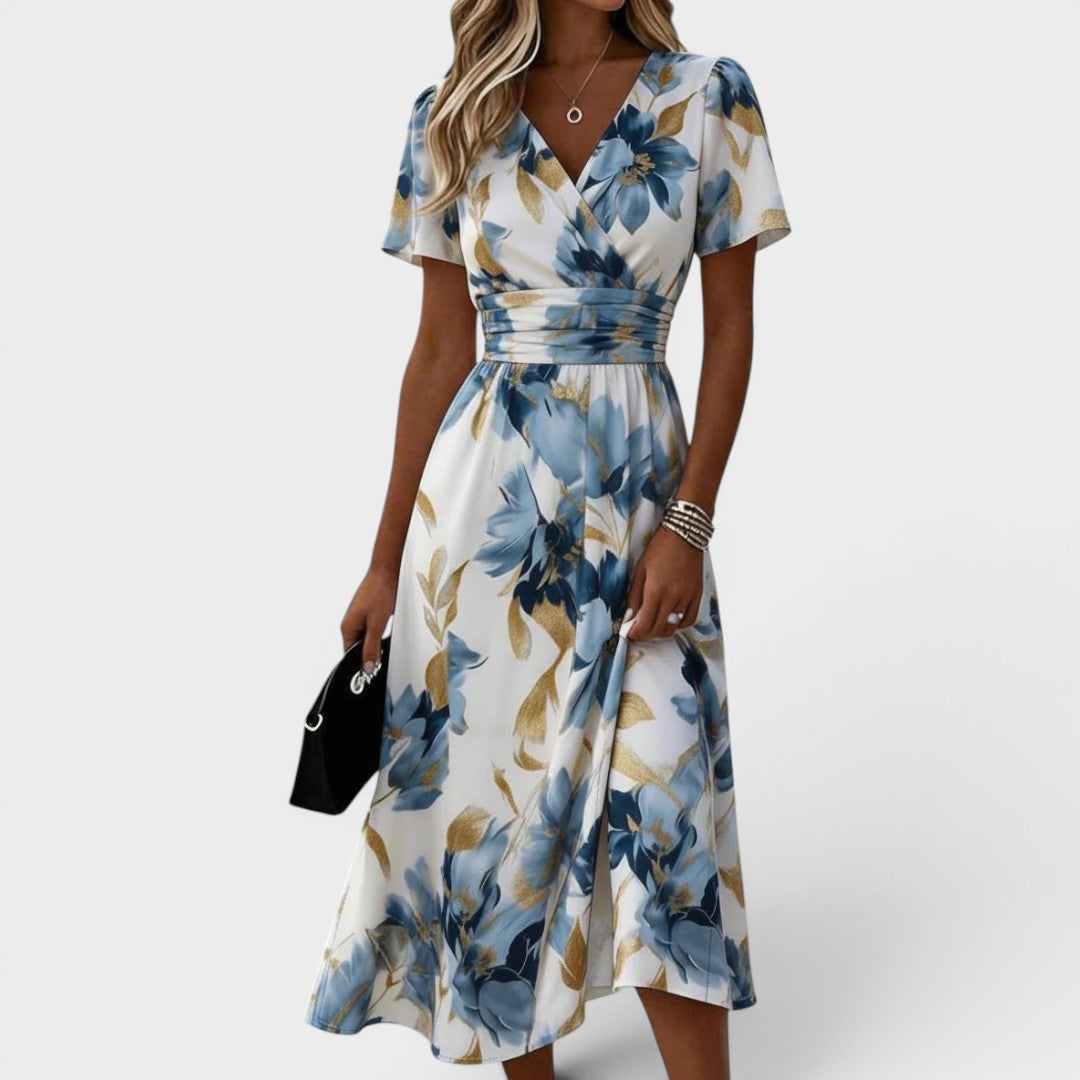 Denise | Robe midi portefeuille florale à la taille
