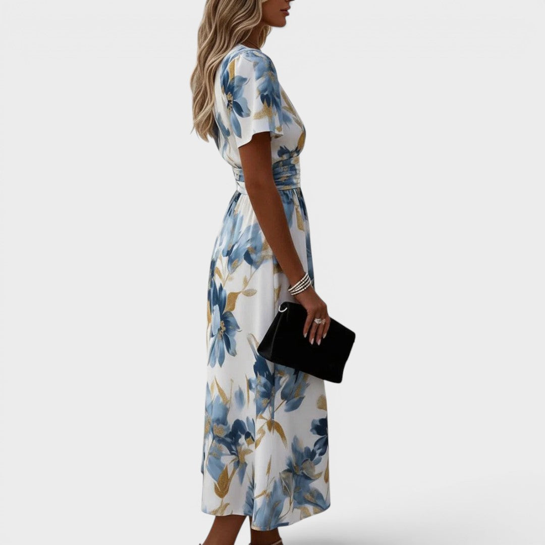 Denise | Robe midi portefeuille florale à la taille