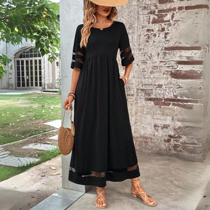 Robe midi noire à taille froncée, manches mi-longues ajourées, ourlet bicolore