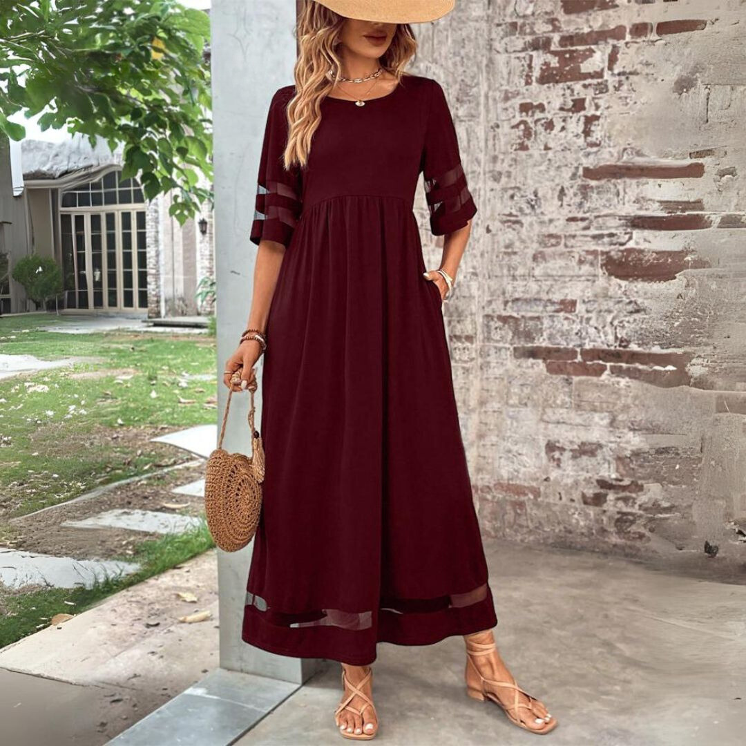 Robe midi bordeaux à taille froncée, manches mi-longues ajourées, ourlet contrasté