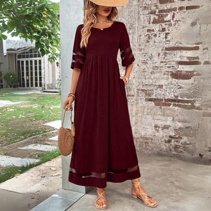 Robe midi bordeaux à taille froncée, manches mi-longues ajourées, ourlet contrasté