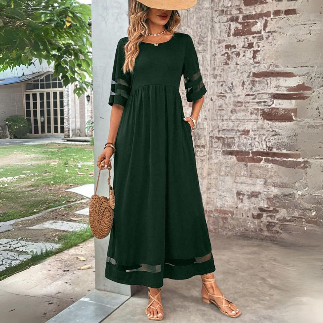Robe midi vert foncé à taille froncée, manches mi-longues ajourées, ourlet contrasté
