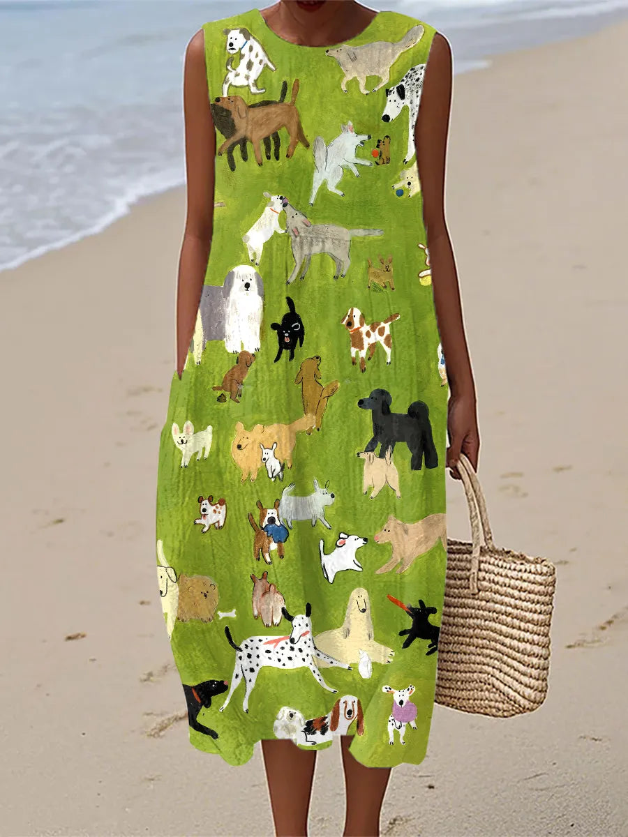 Robe mi-longue sans manches vert vif à imprimé chiens, encolure ronde