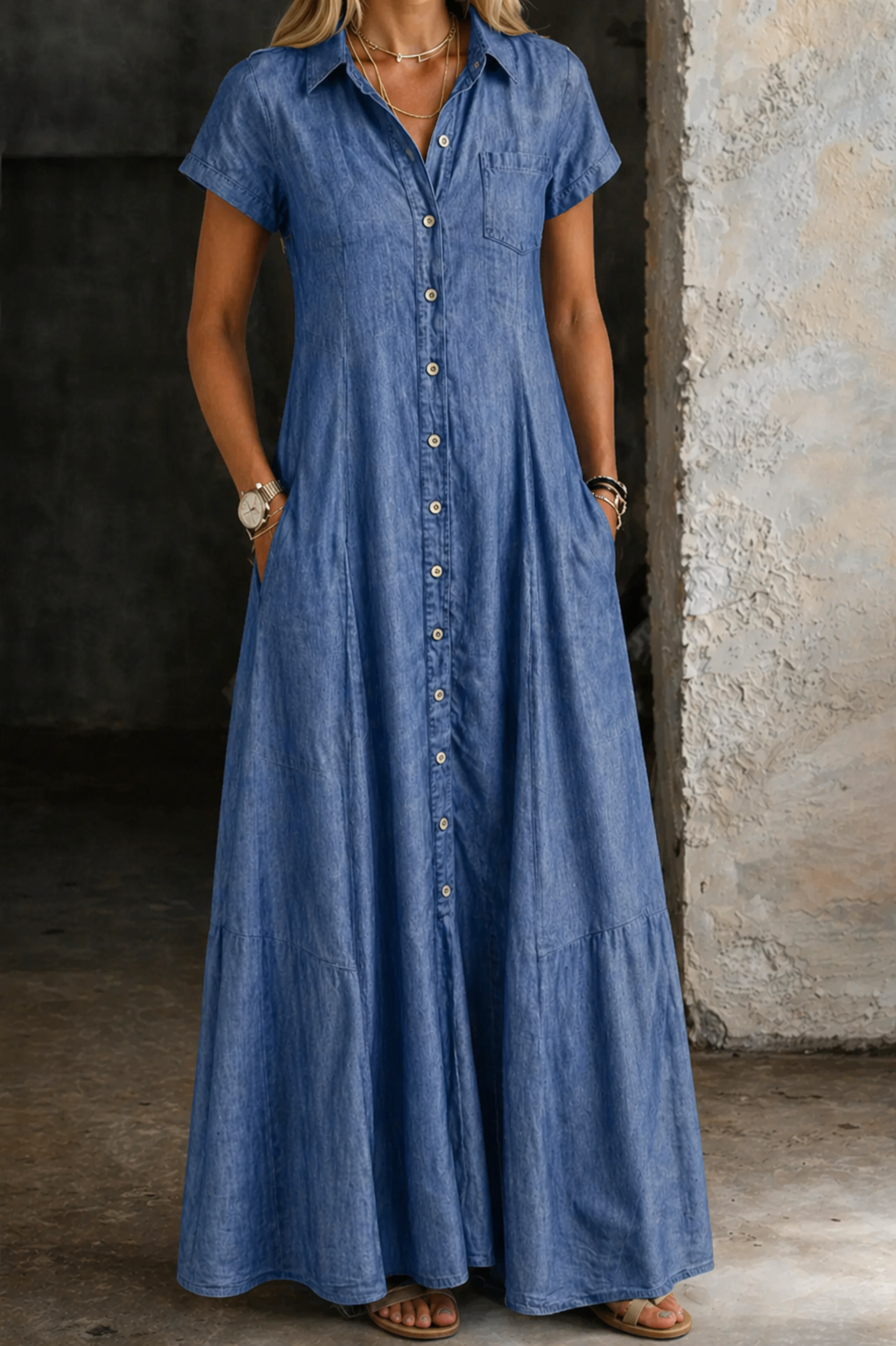 Robe longue en jean bleue, manches courtes, col chemise, boutons devant, silhouette ample