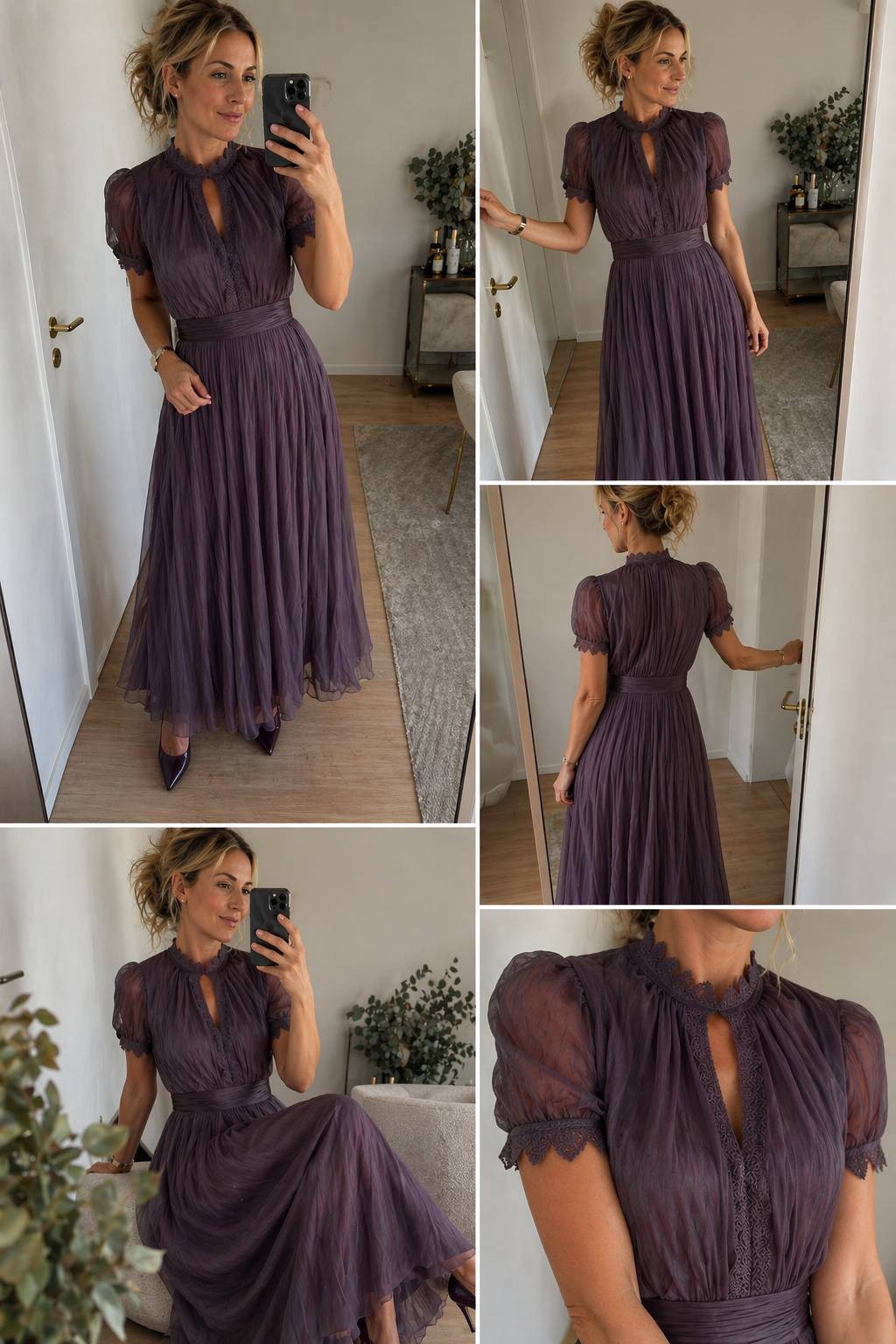 Robe longue violette, encolure fendue et manches bouffantes, vue de face