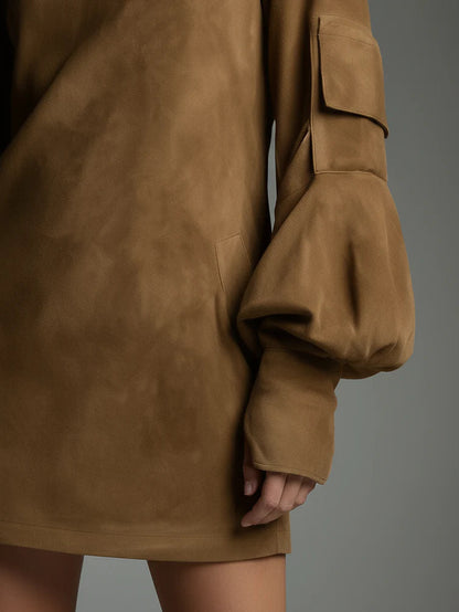 Bibiane | Mini Robe Oversize en Suédine à Col Montant