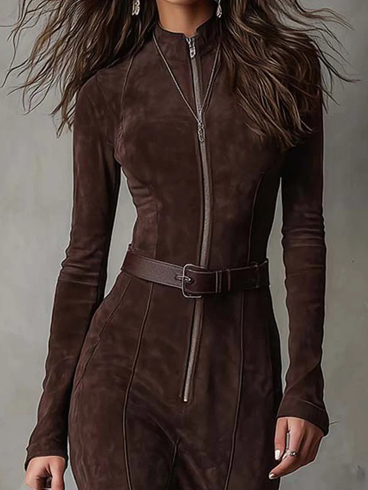 Marceline | Robe Longue Marron avec Ceinture