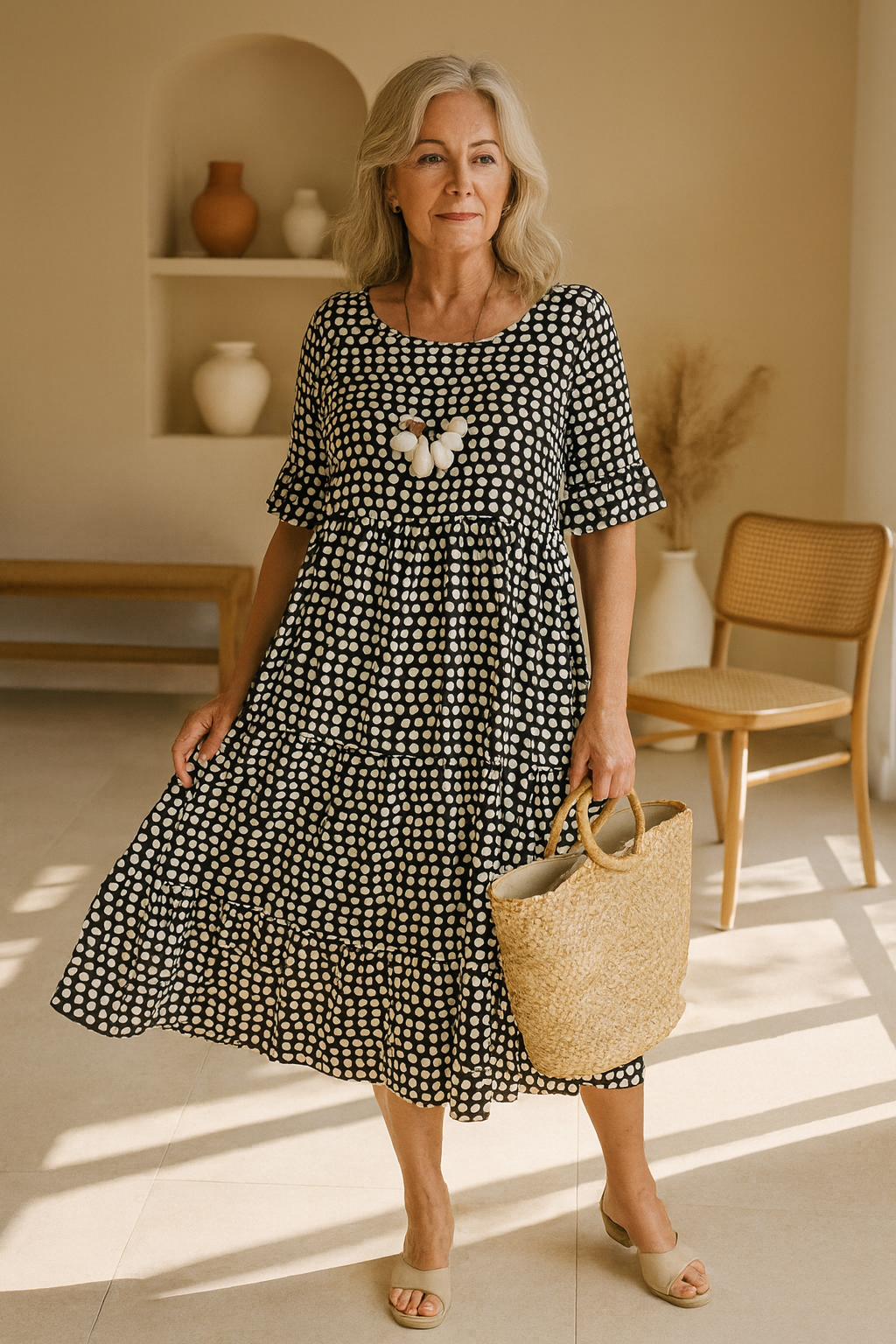 Robe midi manches courtes à pois, fond noir et blanc, appliqué fleur au buste