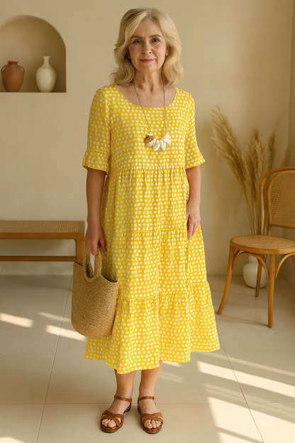 Robe midi manches courtes à pois jaunes, nœud fleur au buste