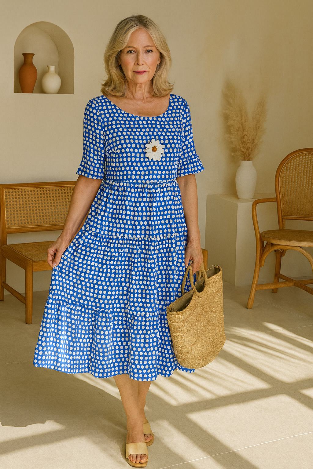 Robe midi manches courtes à pois bleus, appliqué fleur au buste