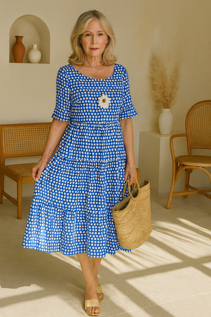 Robe midi manches courtes à pois bleus, appliqué fleur au buste