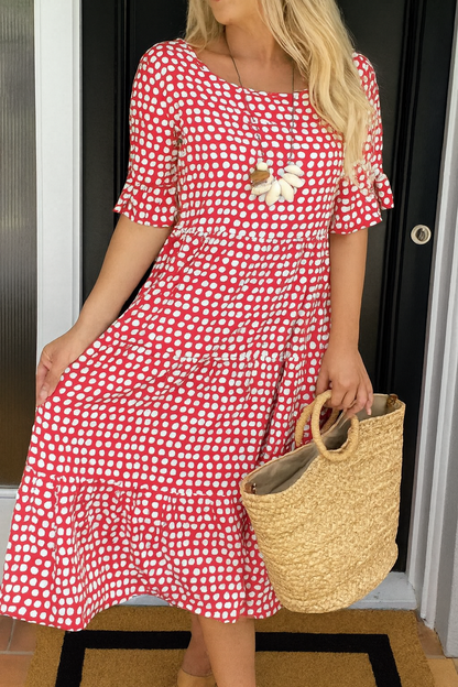 Robe midi manches courtes rouge à pois blancs, appliqué fleur au buste
