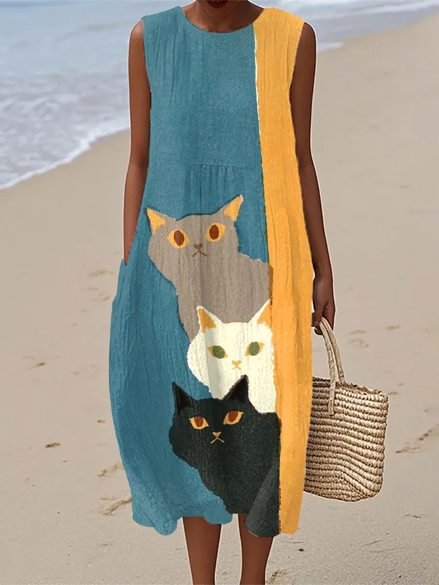 Robe vintage sans manches turquoise à imprimé chats multicolore, coupe droite