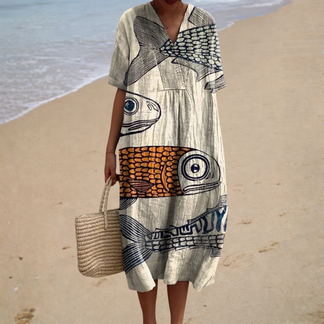Robe midi ample à manches courtes, imprimé artistique bleu et noir sur fond clair