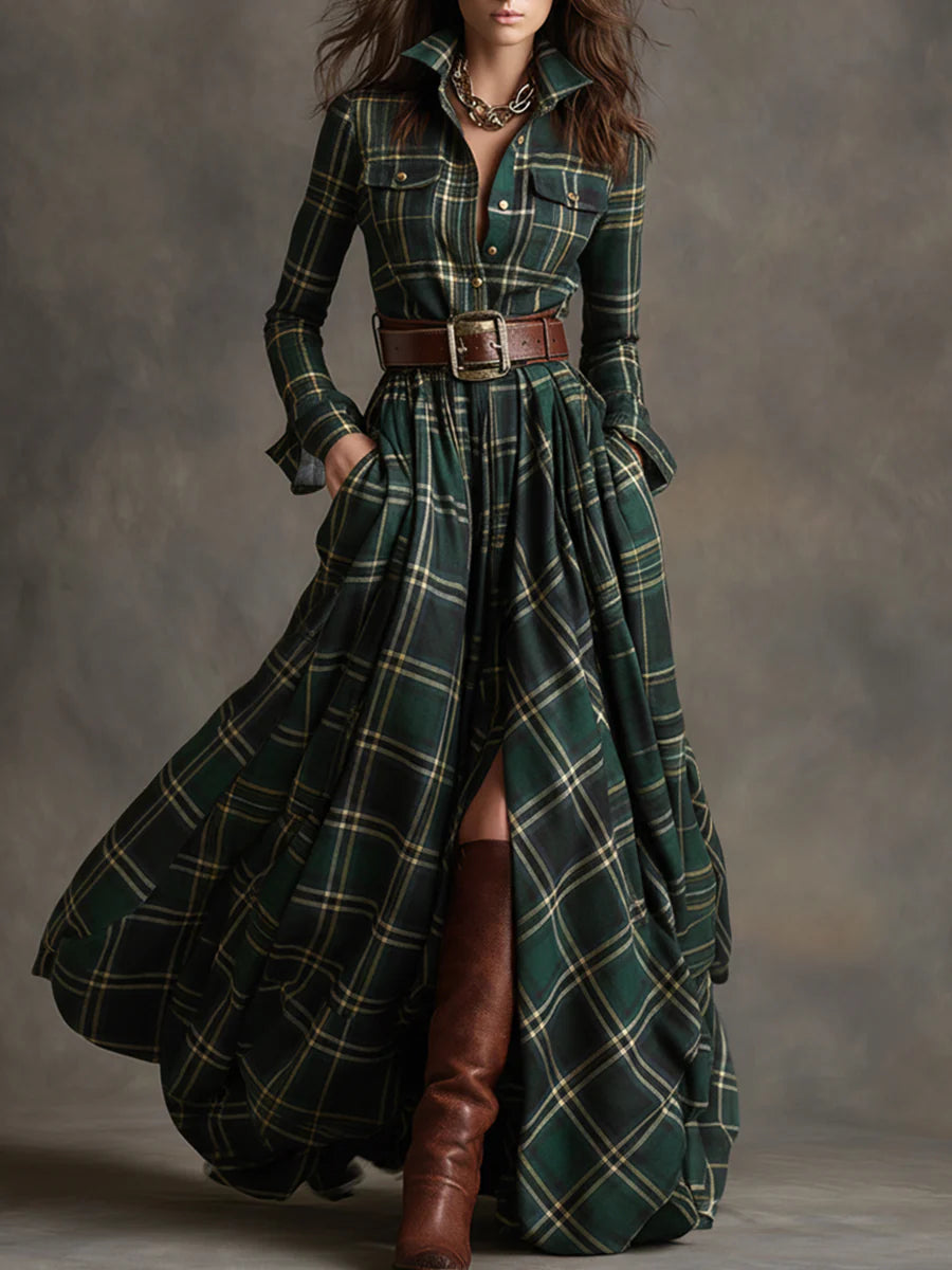 Béatrice | Robe Longue à Carreaux avec Ceinture