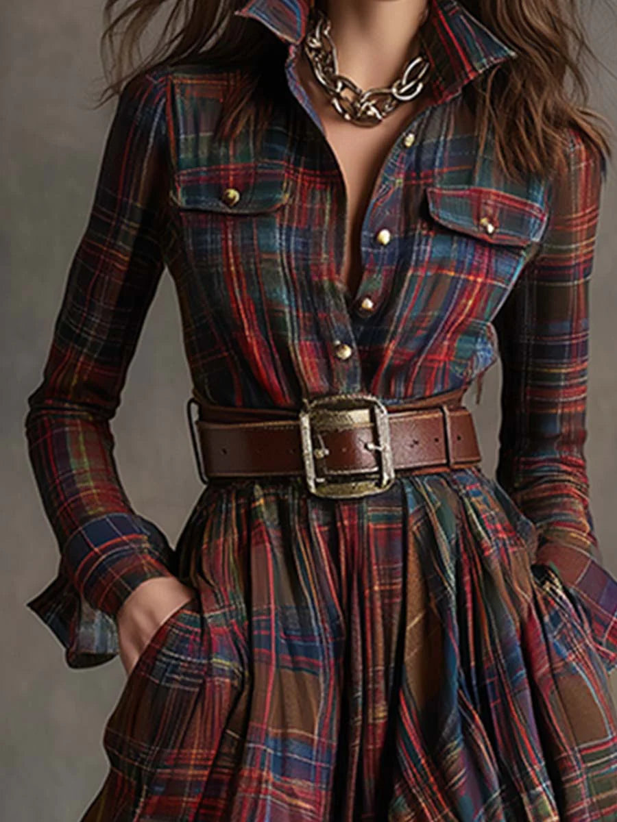 Béatrice | Robe Longue à Carreaux avec Ceinture