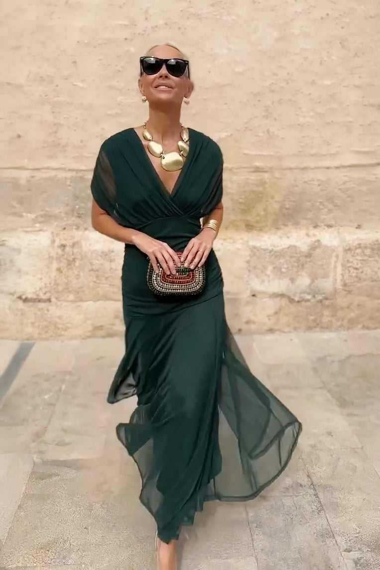 Robe maxi vert bouteille à col V, drapée, manches courtes en tulle transparent
