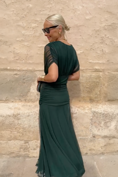 Robe maxi vert bouteille à col V, manches tulle transparent, coupe droite et fluide