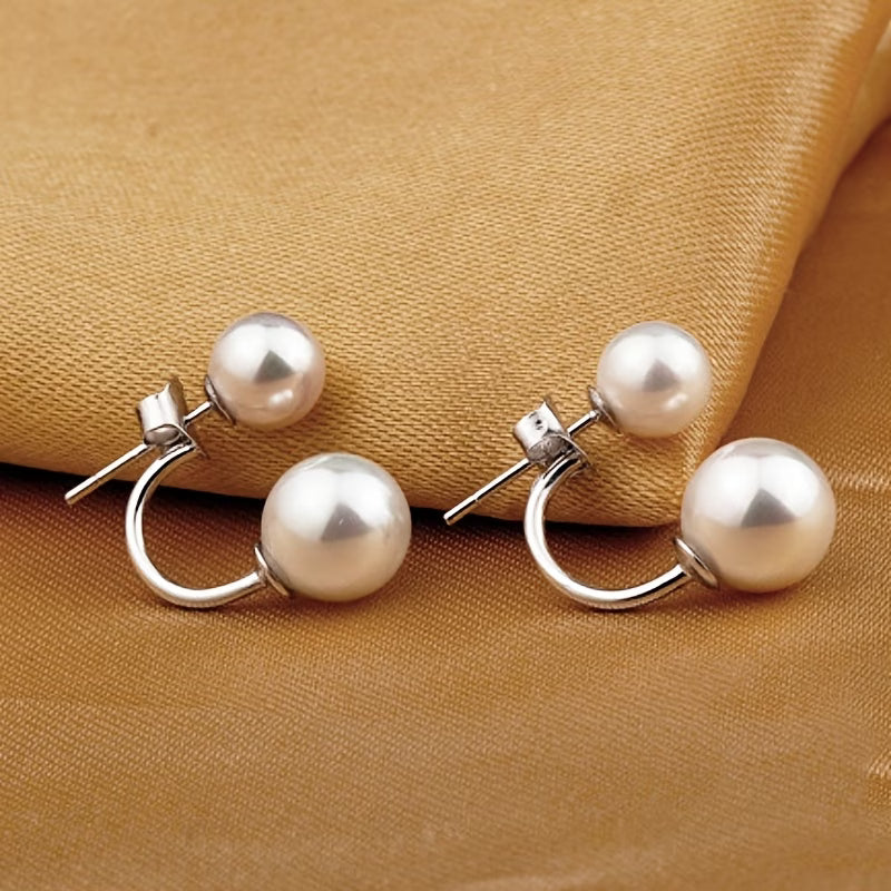 Boucles d’oreilles pendantes doubles perles blanches, anneau et tige métallique