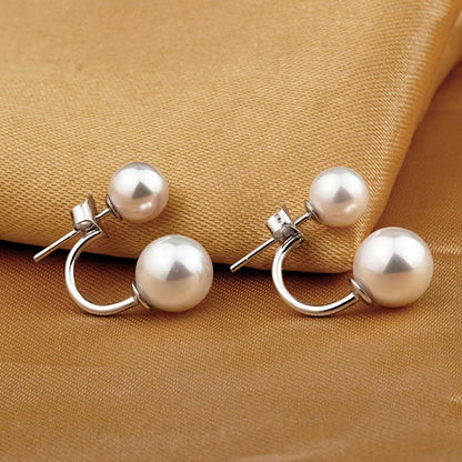 Boucles d’oreilles pendantes doubles perles blanches, anneau et tige métallique