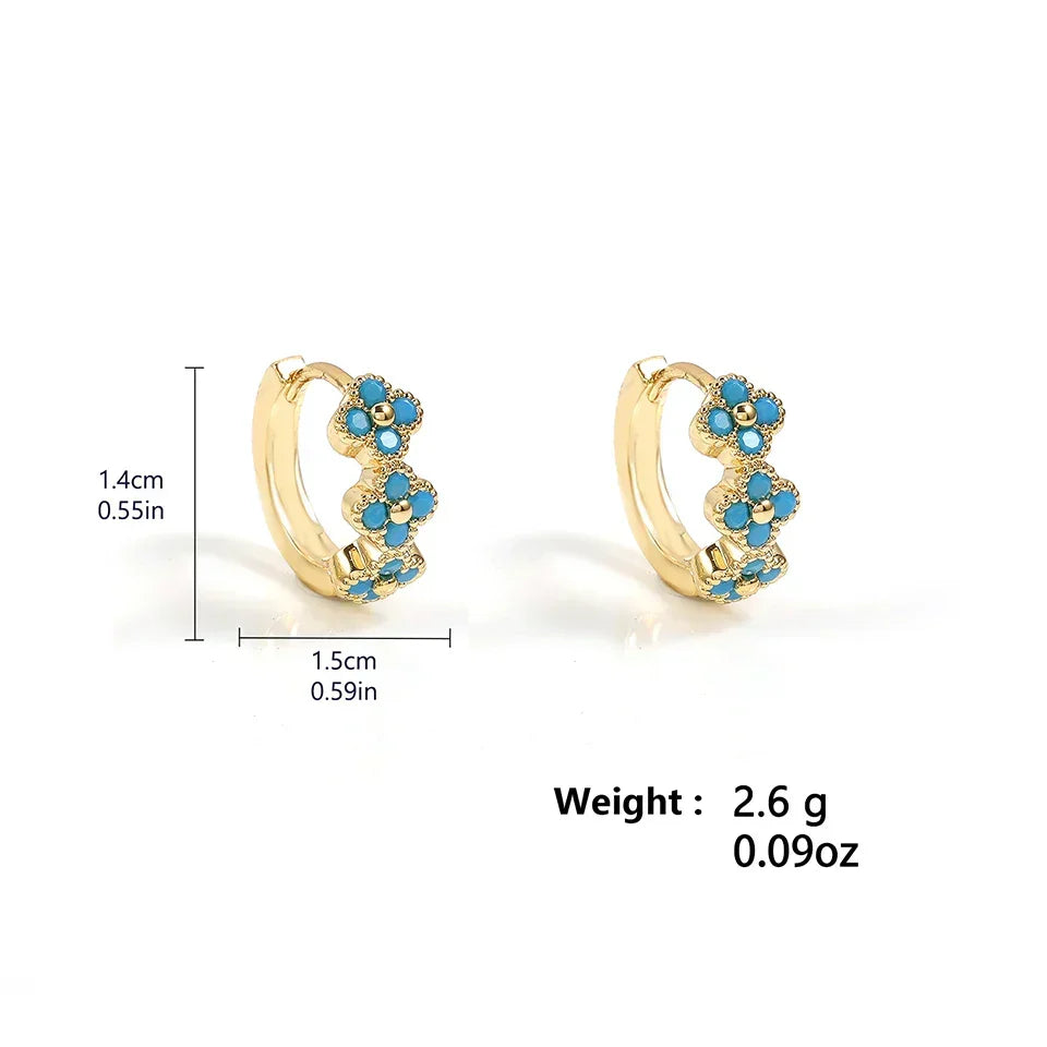 Créoles dorées fleurs turquoise, visuels avec indications de poids et dimensions