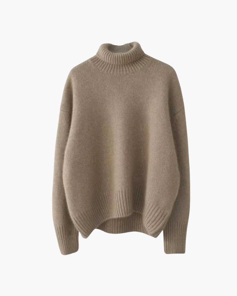 Pull en maille à col roulé, beige clair, vue de face, manches longues