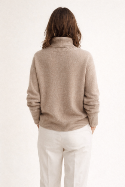 Pull en maille à col roulé, beige clair, vue dos, manches longues
