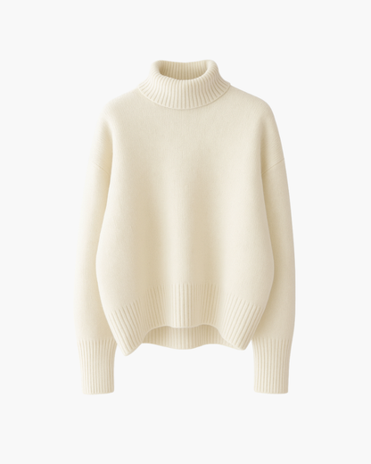 Pull en maille à col roulé, blanc cassé, vue de face, manches longues
