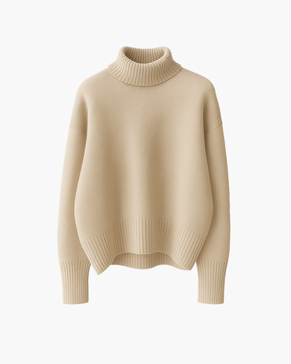 Pull en maille à col roulé, beige, vue de face, encolure côtelée